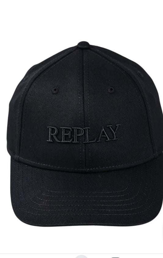 A black baseball cap with the brand name 'REPLAY' embroidered in tonal black on the front, shown against a plain white background.