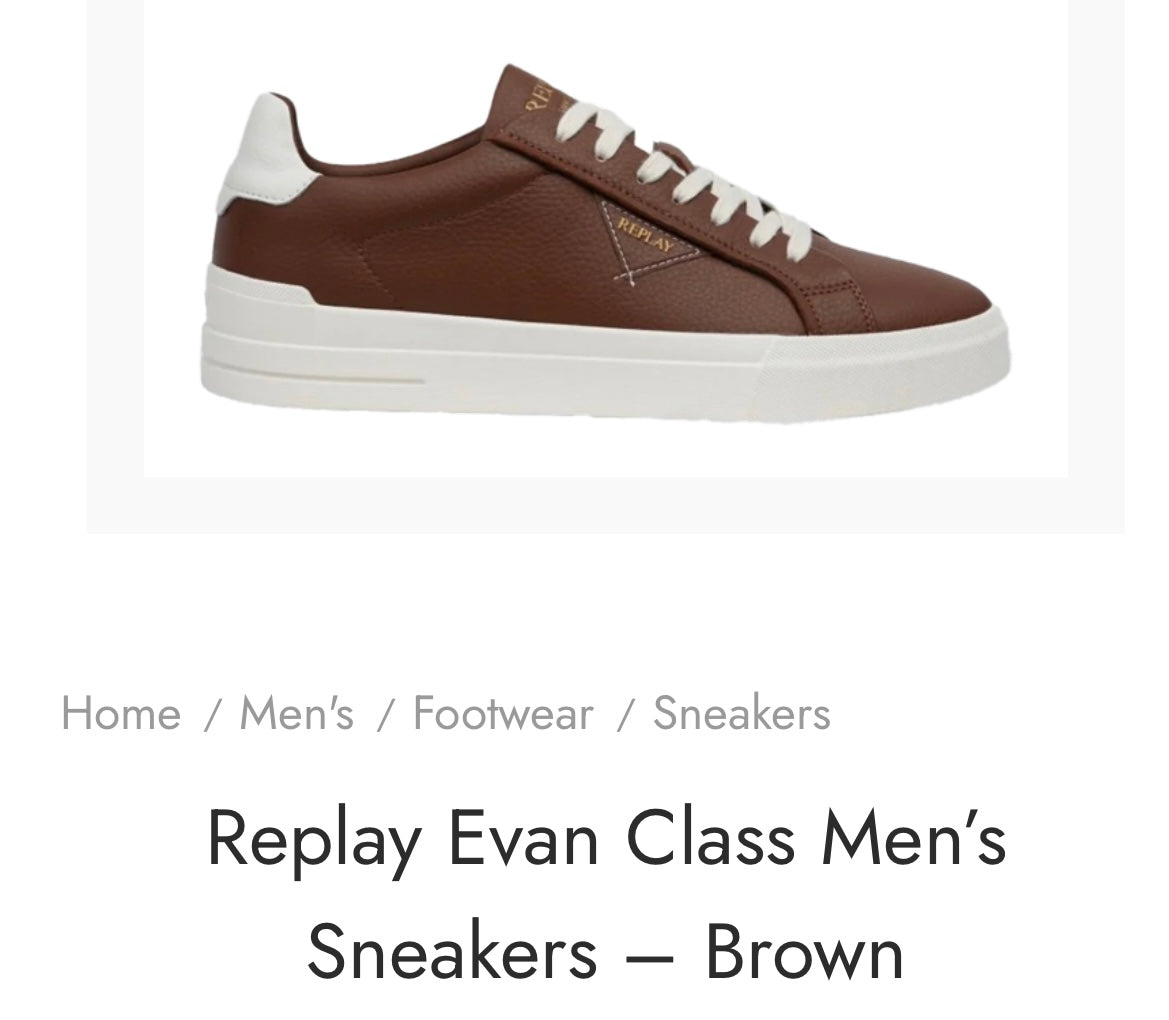 A brown leather sneaker with white laces and a thick white sole, shown in a side profile on a white background with text 'Replay Evan Class Men's Sneakers — Brown'.