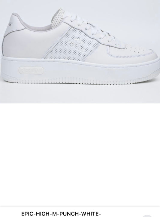 A white Replay low-top sneaker shown in a side profile view against a white background. The shoe features a mix of smooth leather and perforated mesh panels, white laces, and a thick white sole.