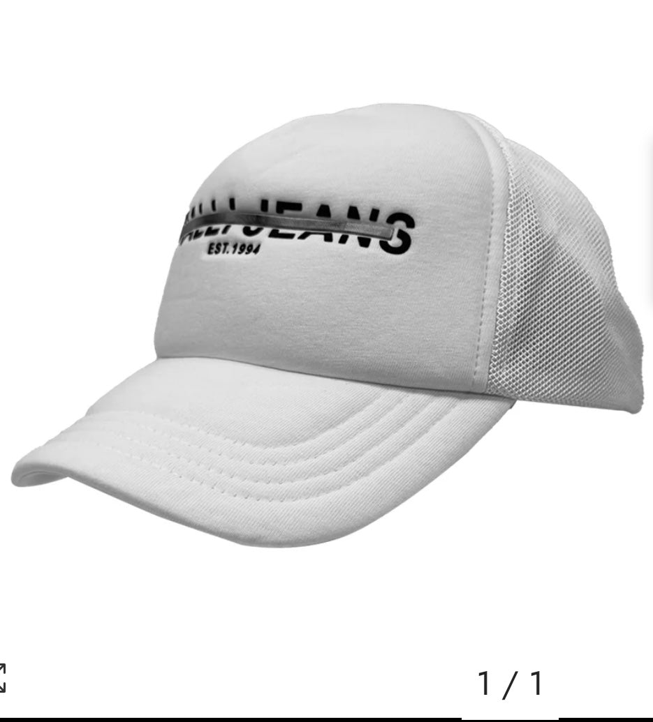 A white trucker-style baseball cap with black embroidered text reading 'VIALLI JEANS EST.1994' on the front panel, shown against a plain white background.